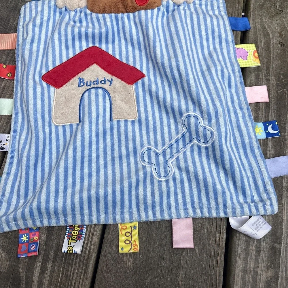 Taggies Peek A Boo Buddy Puppy Dog Baby Blanket Blue Stripe Bone Security Lovey